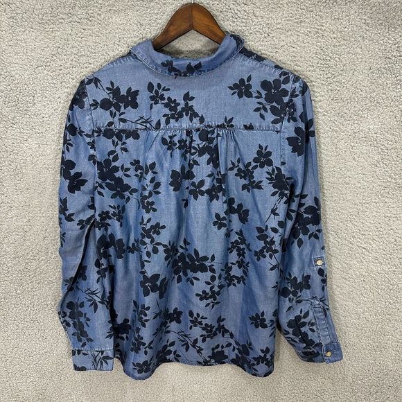 j. jill denim top women small blue floral chambray popover long sleeve oversized - Picture 2 of 8